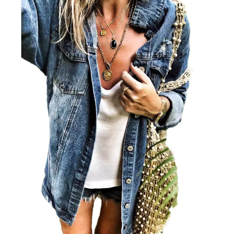 Dame Denim Overshirt med vintage-detaljer og distressed effekter Stilla