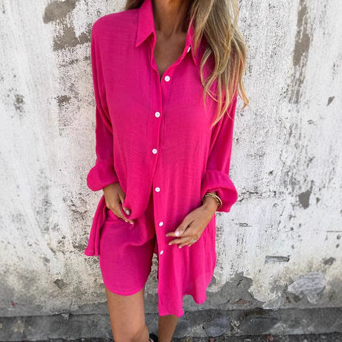 Dame afslappet bluse-shorts-sæt med oversized snit og luftig tekstur Stilla