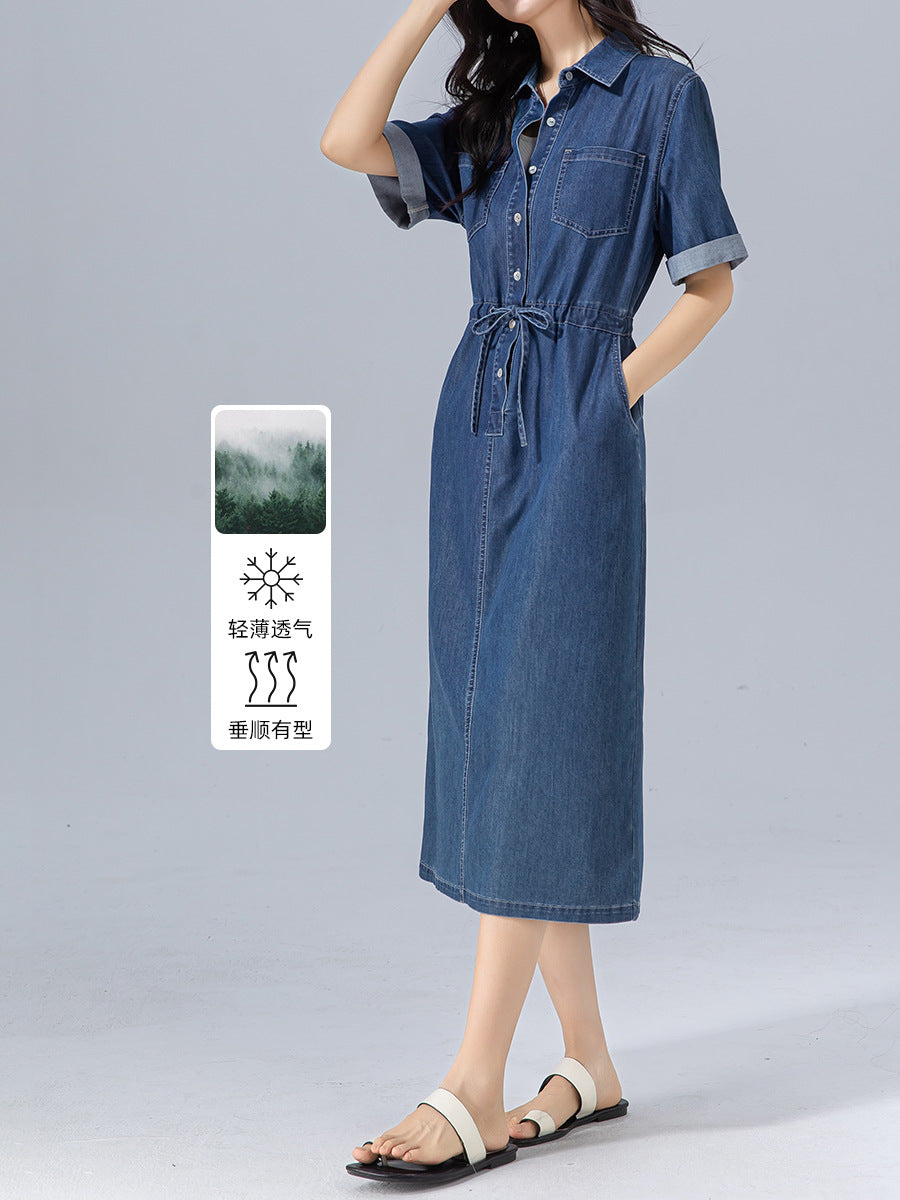 Dame Denim-skjortekjole med tætsiddende snit og praktiske lommer Stilla