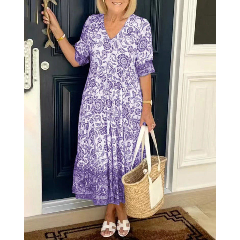 Dame Elegant Floral Trykt Kjole med V-Udskæring og Korte Ærmer Stilla