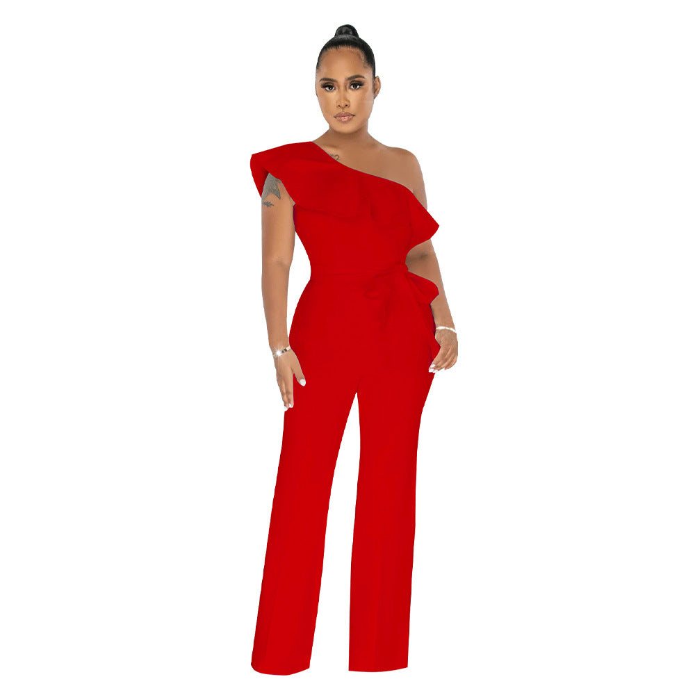 Dame Elegant One-Shoulder Jumpsuit med Rynke Detaljer og Taljebælte Stilla