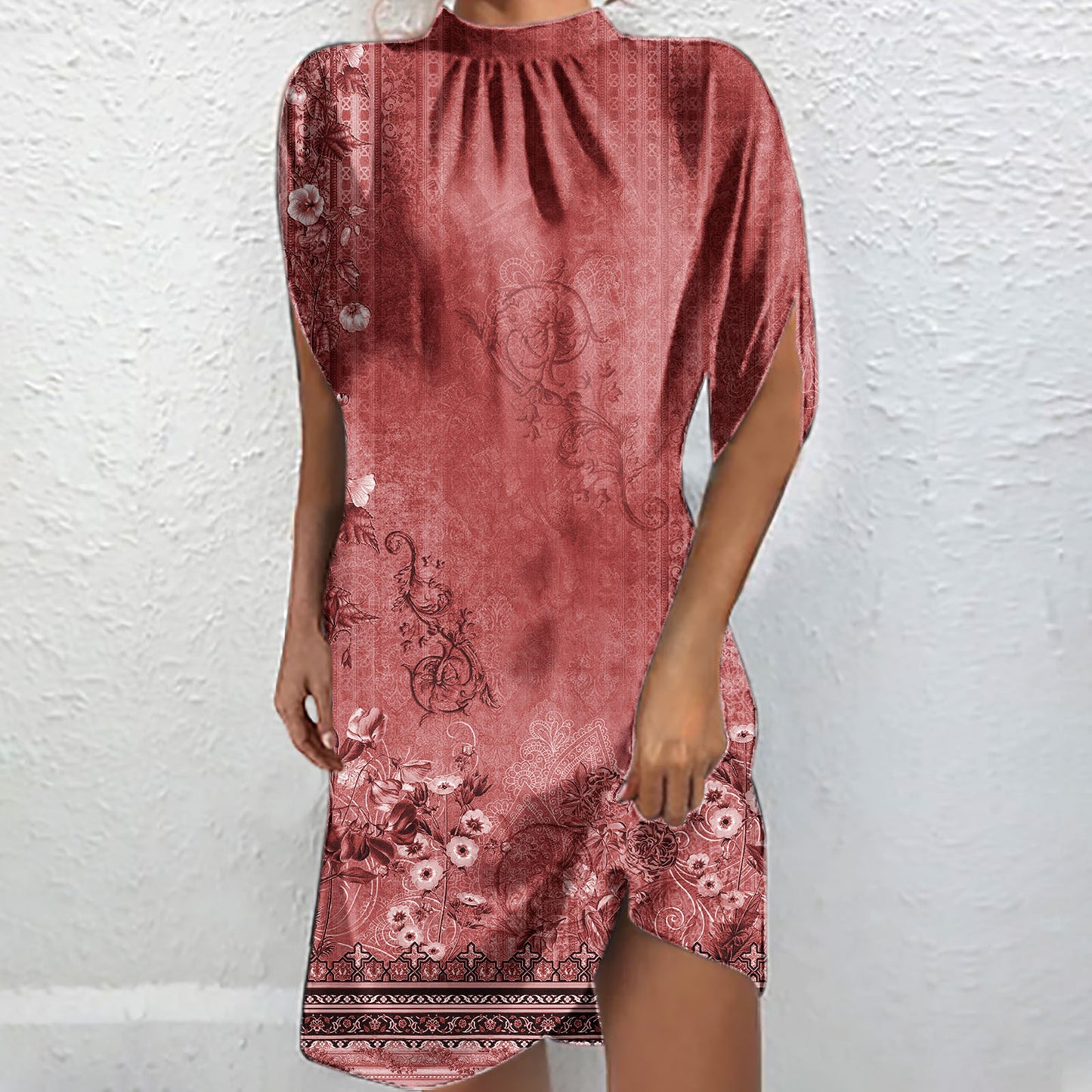 Dame Elegant Høj Hals Blomster Mini Kjole Stilla