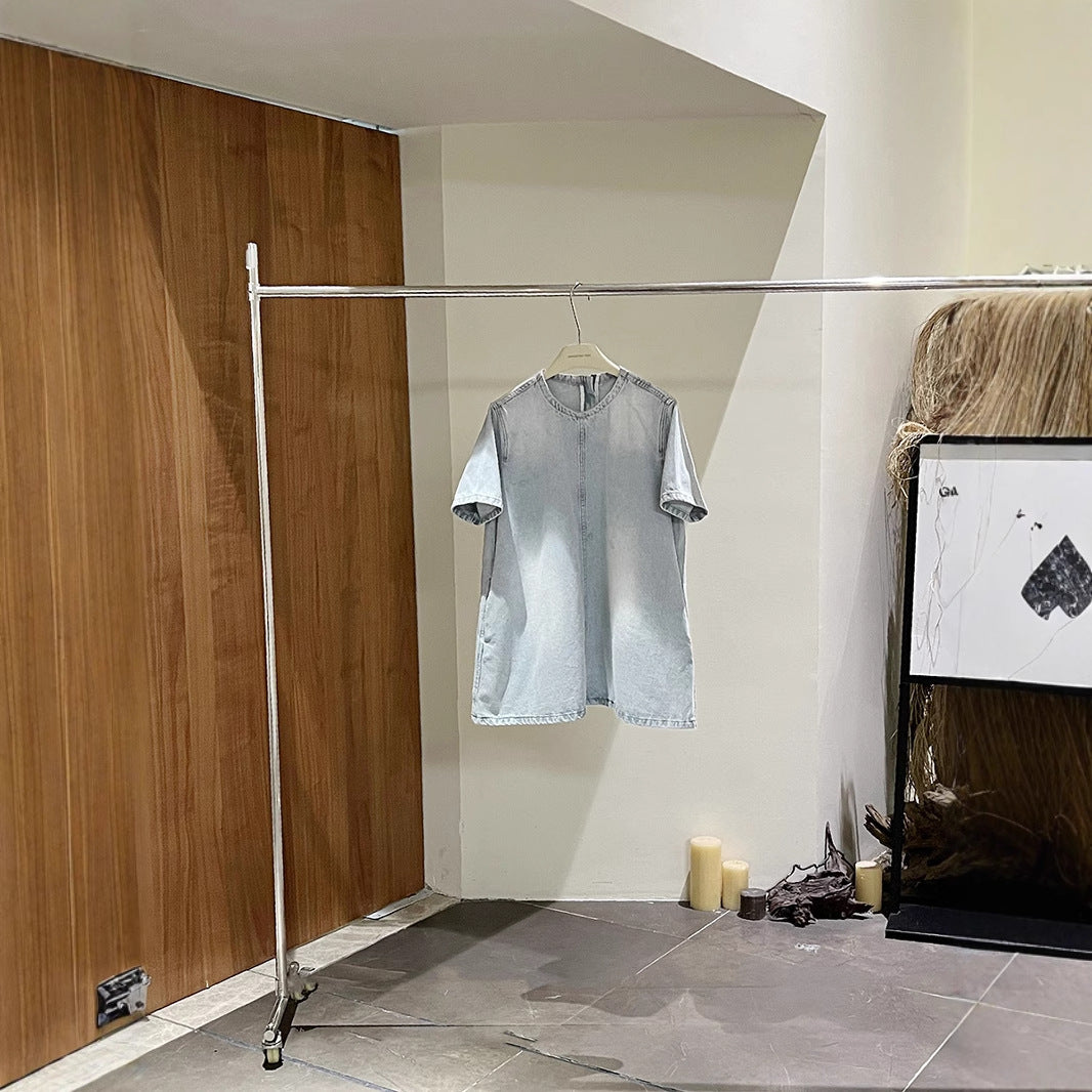 Dame afslappet denim-overdel med rund halsudskæring og korte ærmer Stilla