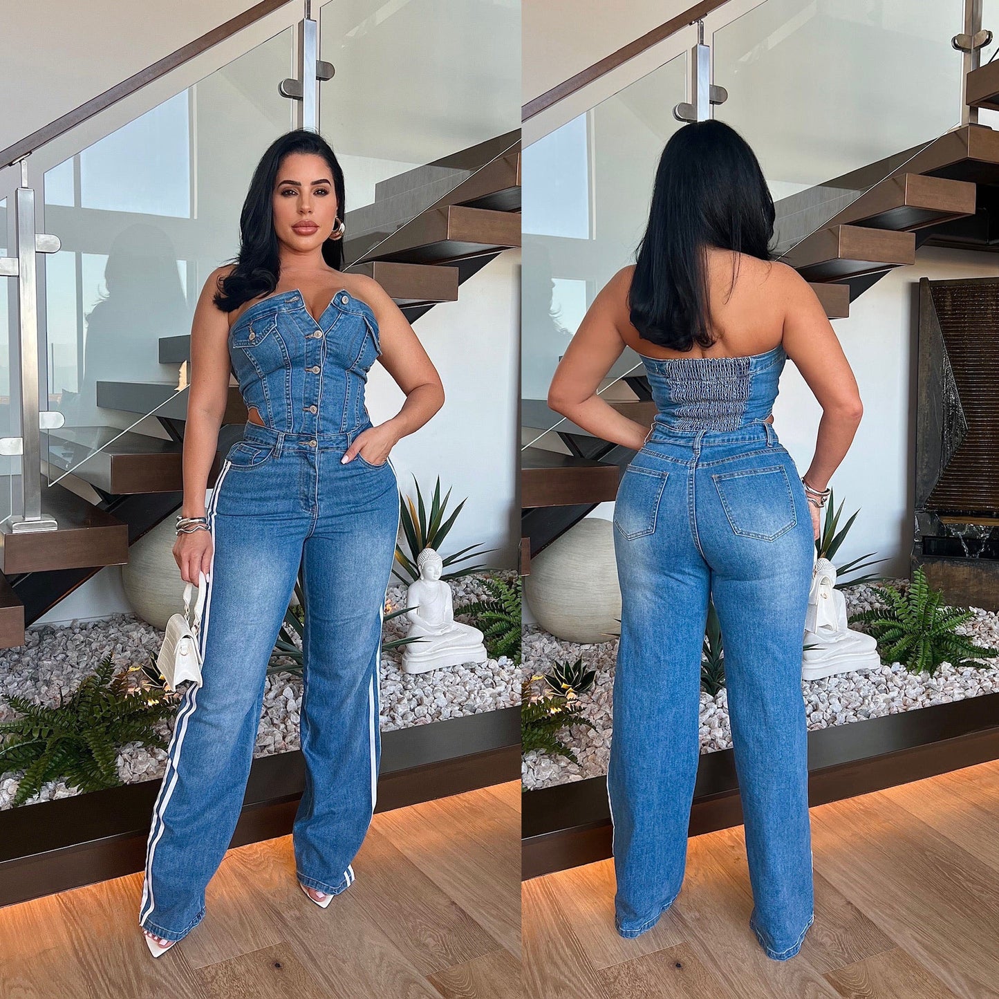 Dame Designer-Jumpsuit i Used-Look med figursyet overdel og bredt ben Stilla