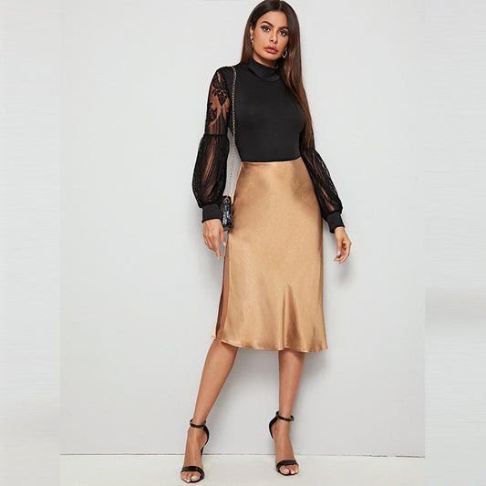 Dame Elegant Bodysuit med transparente Puffærmer og høj Krave Stilla