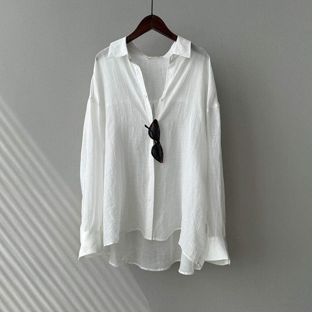 Dame afslappet linned blouse med elegant fald og klassisk krave Stilla