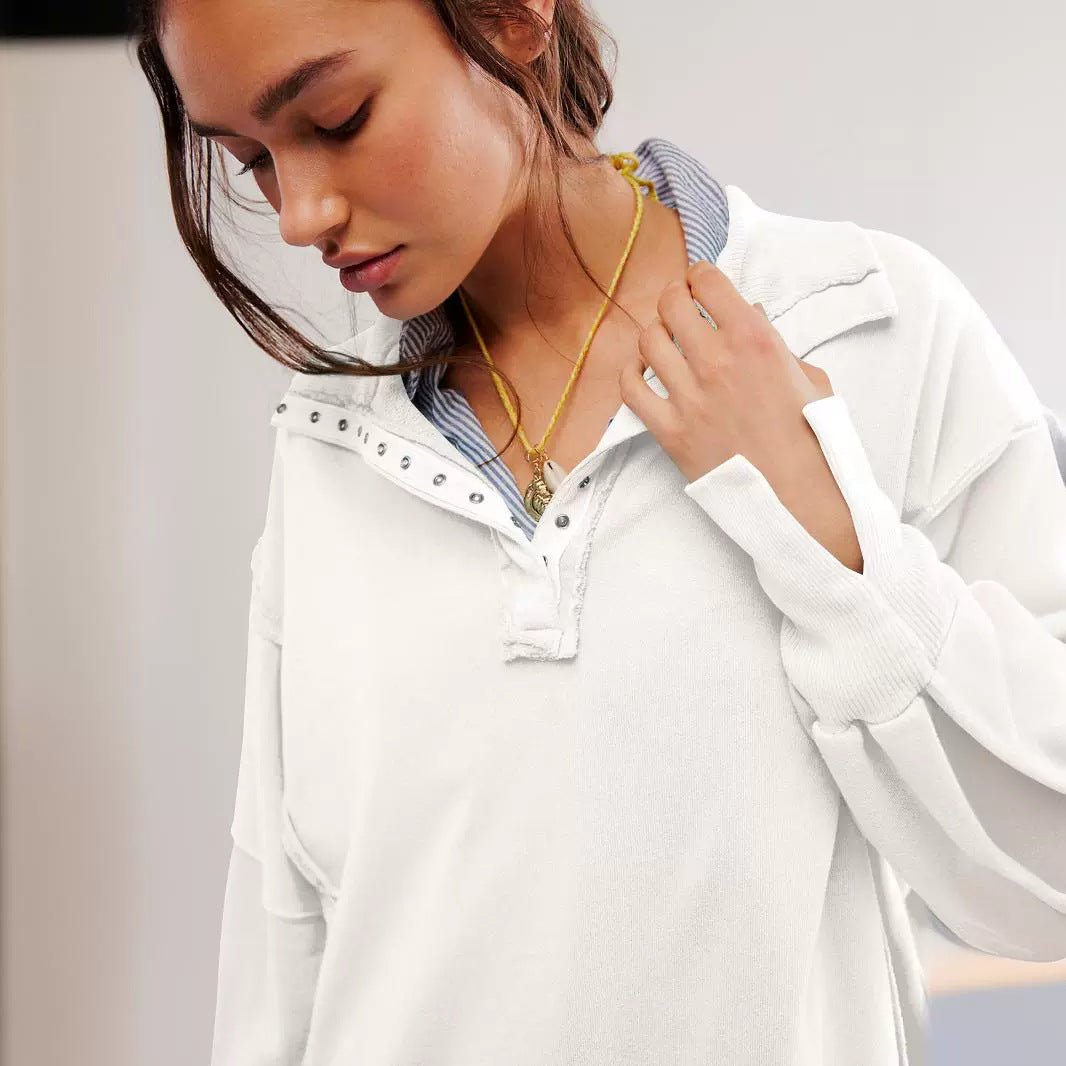 Dame afslappet oversized pullover med knaplukning og ufuldendte sømme Stilla