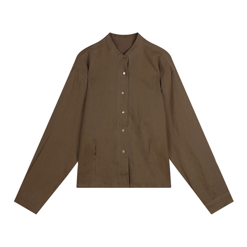 Dame afslappet langærmet skjorte med knapdetaljer og mandarin-krave Stilla