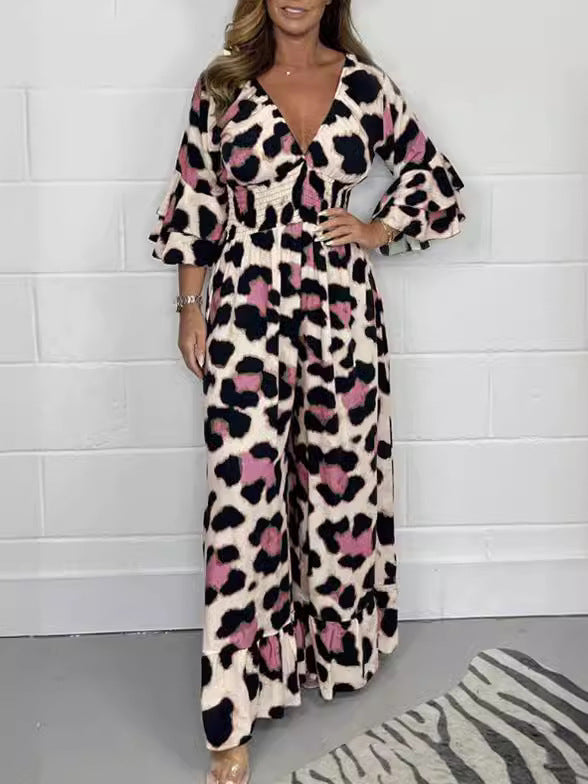 Dame Maxijumpsuit med elegant V-udskæring og flæseærmer Stilla
