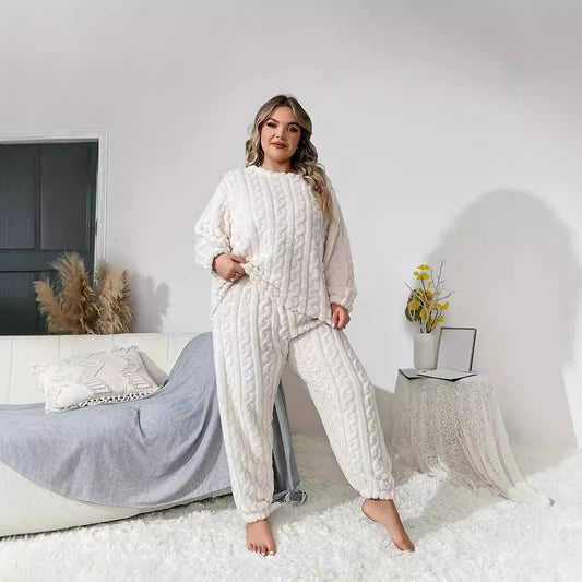 Dame strik-loungewear sæt med kabelmønster og elastisk bund Stilla
