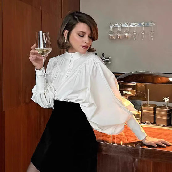 Dame Elegant Bluse med voluminøse ærmer og klassisk ståkrave Stilla