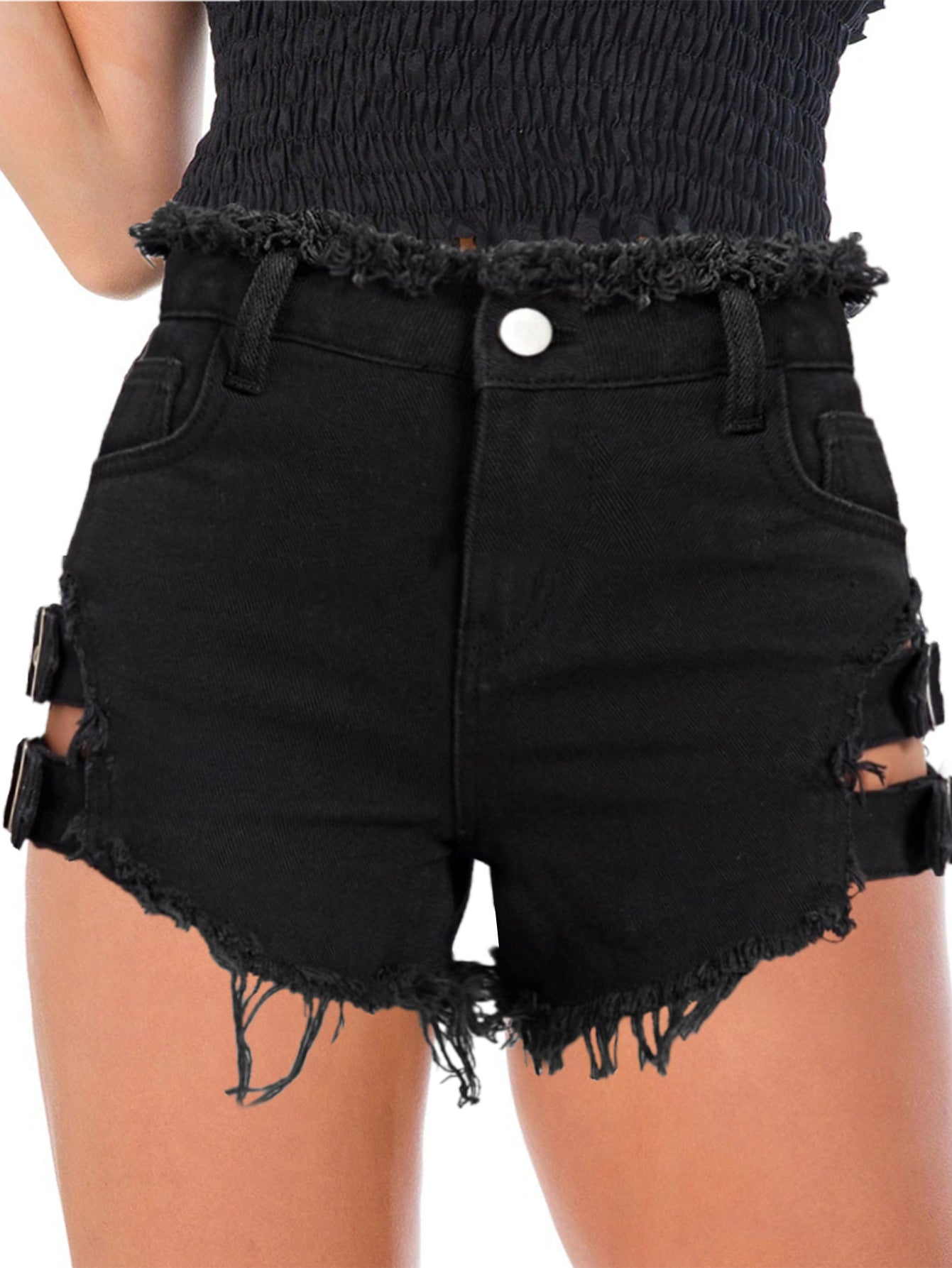 Dame Destroyed Denim-Shorts med sidelæns bånd-detajle og moderigtigt frynse-kant Stilla