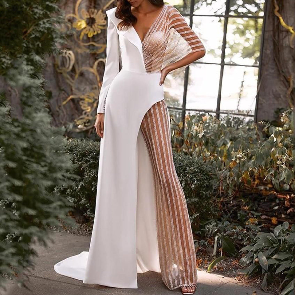 Damer Elegant Couture Jumpsuit med asymmetrisk design og glitrende accenter Stilla