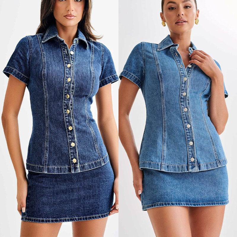 Dame Denim Kjole med figursyet snit og kort plissé-detalje Stilla