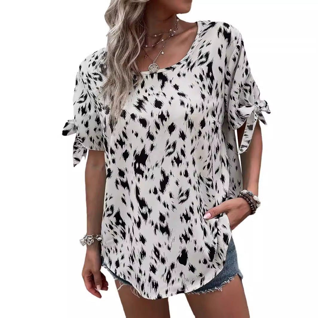 Dame afslappet kortærmet bluse med dekorative bindebånd Stilla