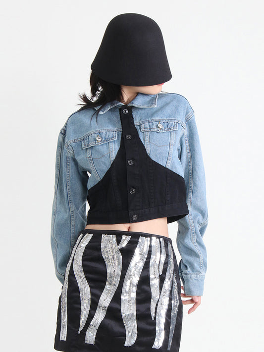 Dame cropped Jeansjakke med farvekombination Stilla