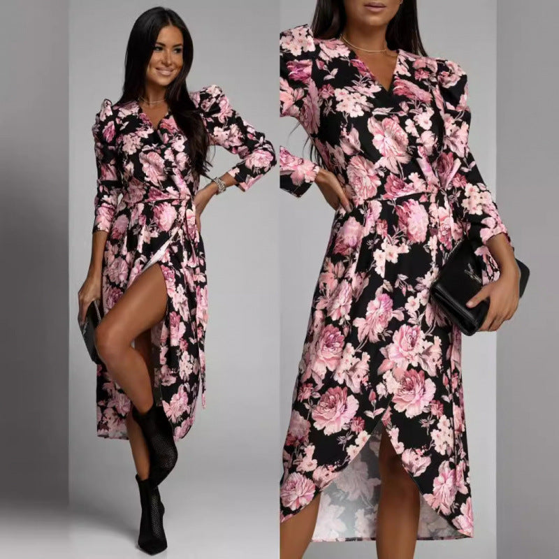 Dame Elegant Blomstret Print Wrap Kjole med Sidelængde Stilla