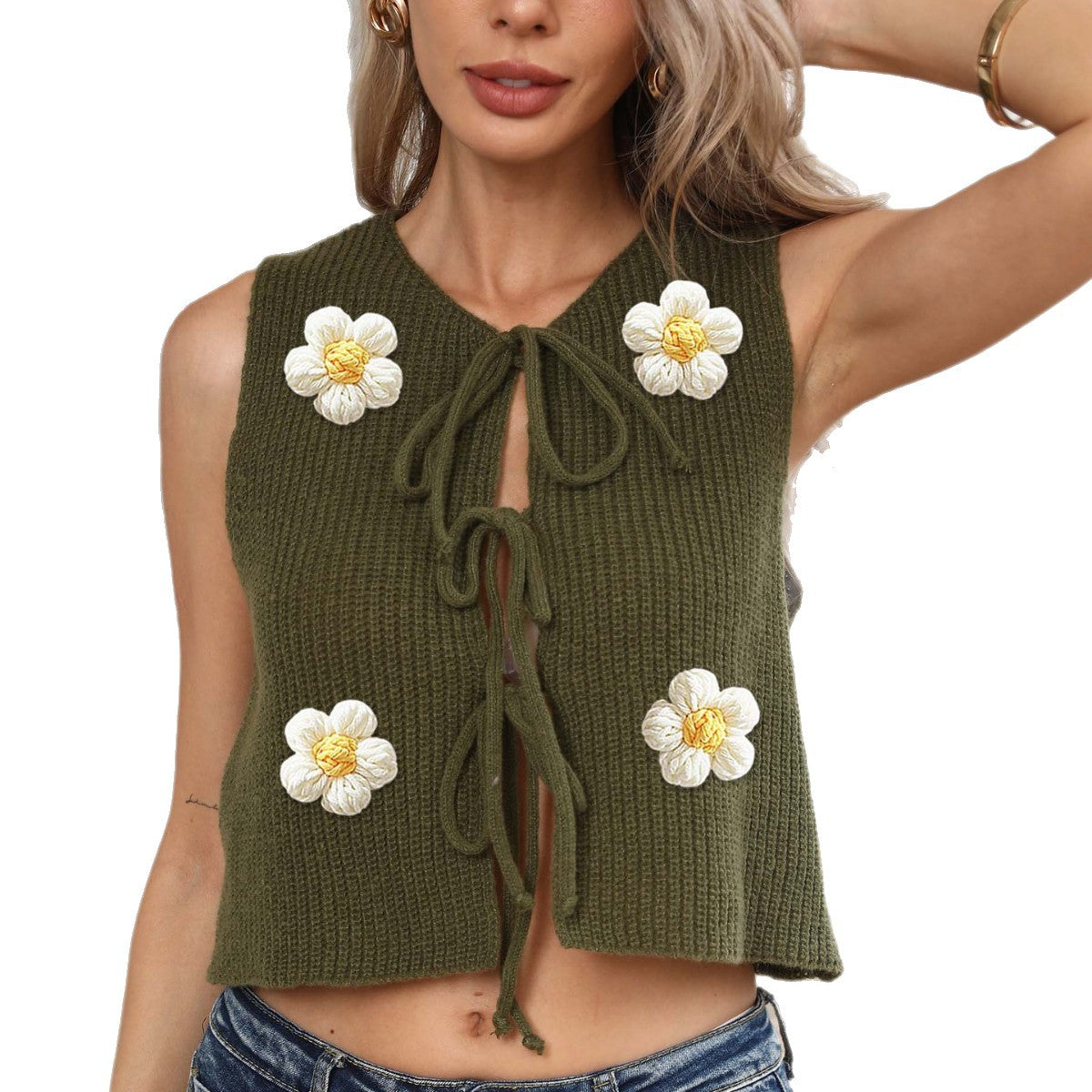 Dame Cropped Strikoverdel med Blomsterudsmykning Stilla