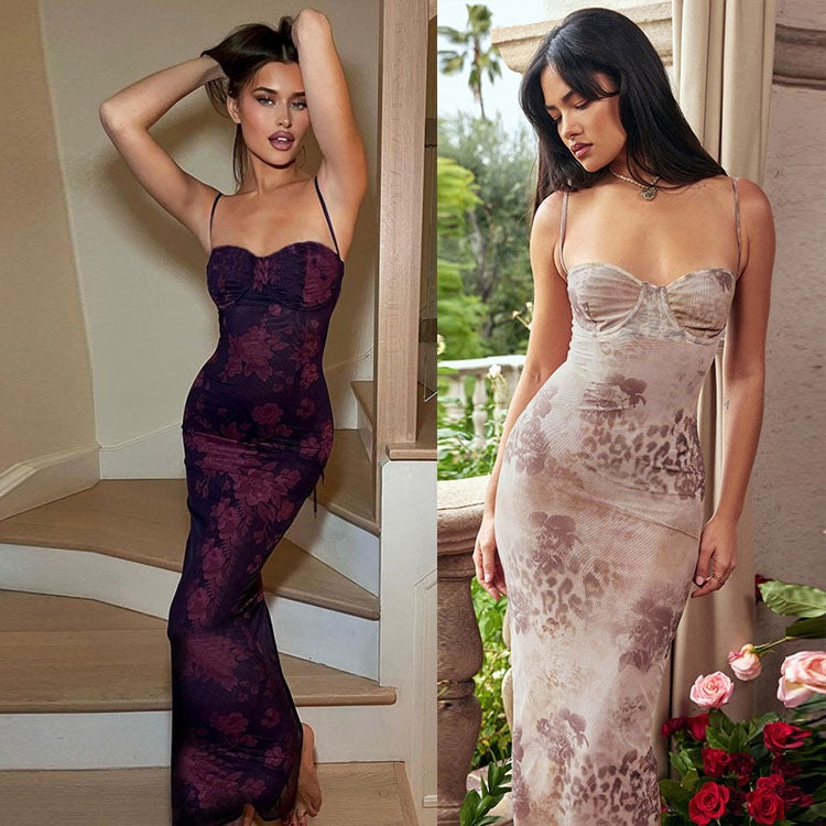 Dame Elegant Blomster Bodycon Maxi Kjole Stilla