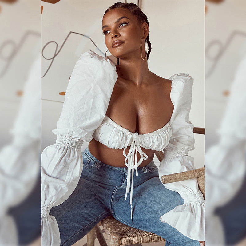 Dame Cropped Bluse med Puffærmer og Rynk Stilla