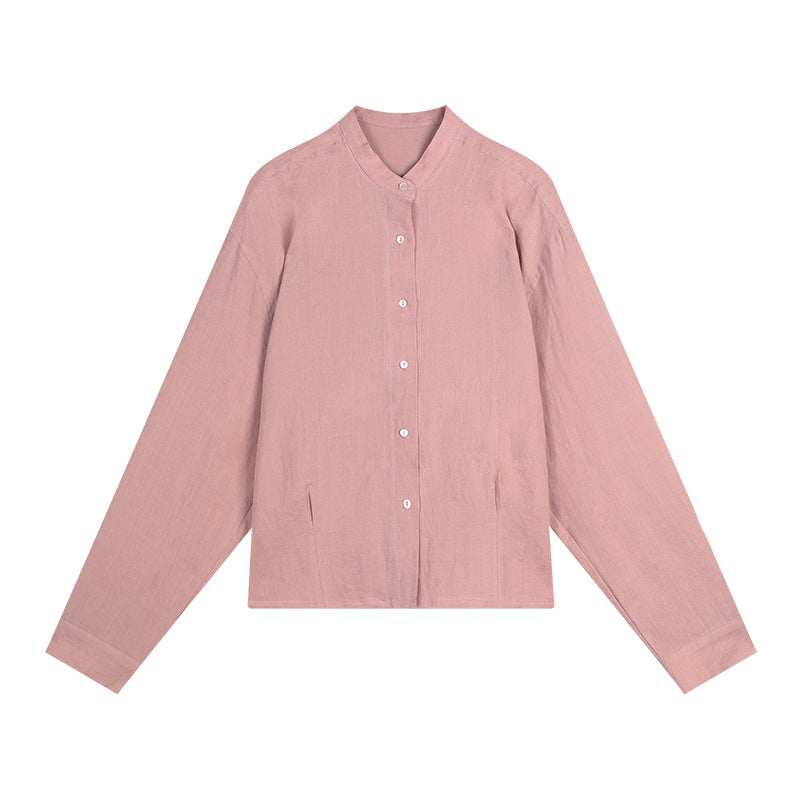 Dame afslappet langærmet skjorte med knapdetaljer og mandarin-krave Stilla