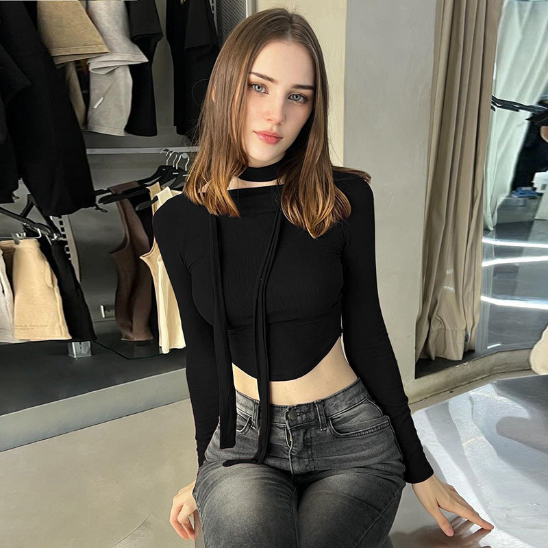 Dame Cropped Langærmet skjorte med dekorativt halstørklæde Stilla