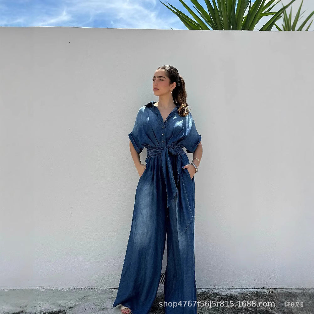 Dame afslappet denim-overall med vidde ben og praktiske lommer Stilla