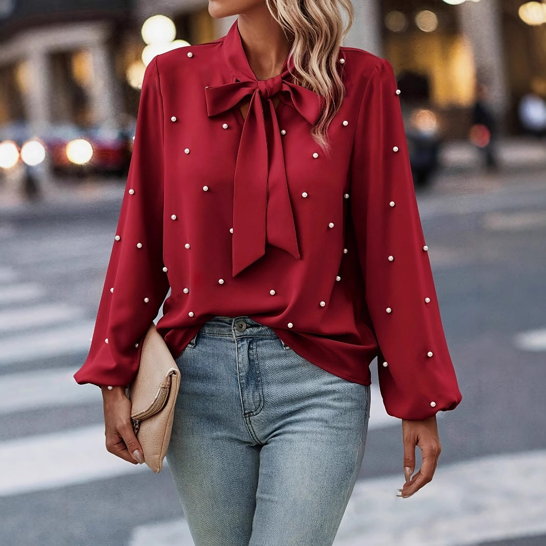 Dame elegant bluse med sløjfe krave og perle detaljer Stilla