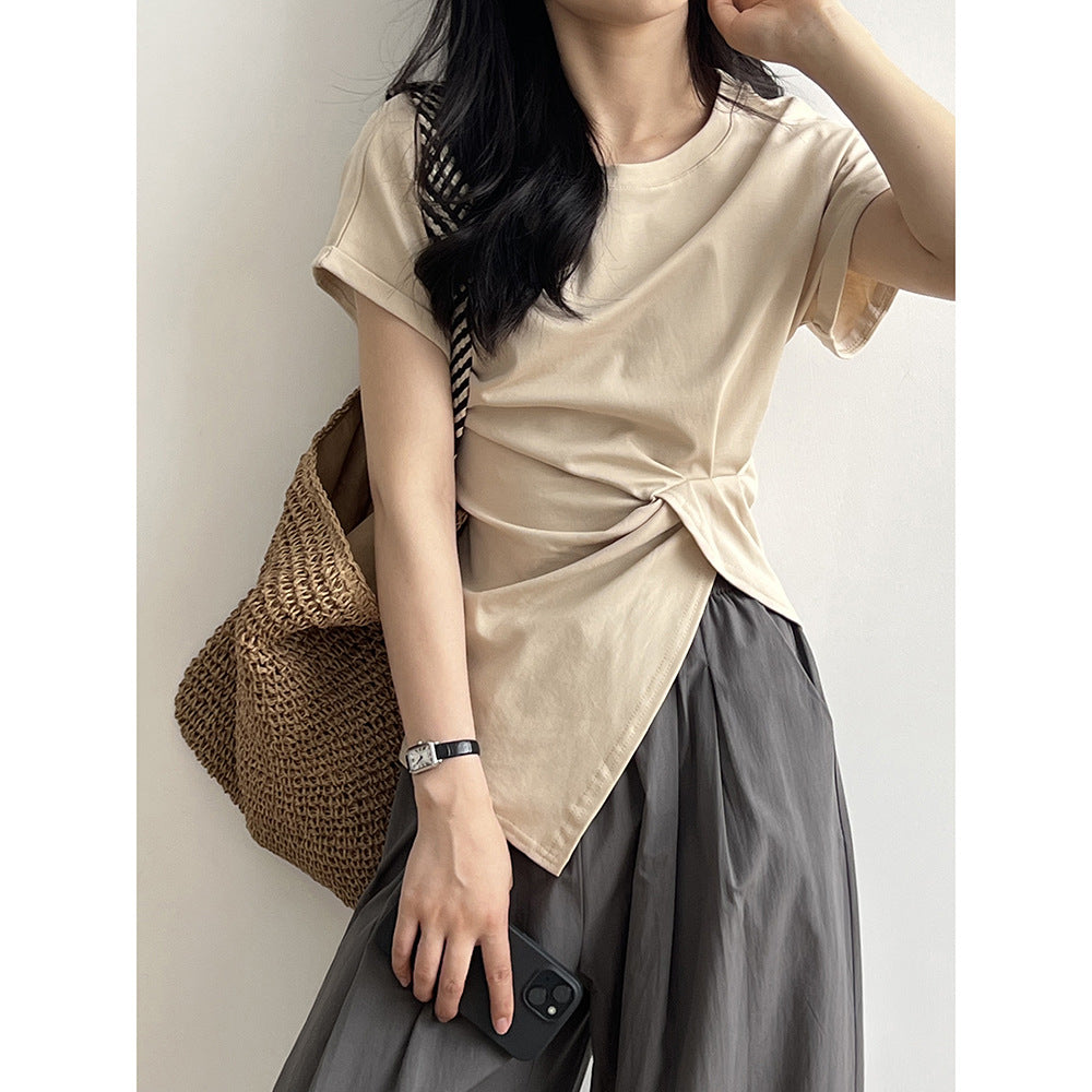 Dame afslappet knude t-shirt lavet af kvalitets bomuld med rullet ærme Stilla