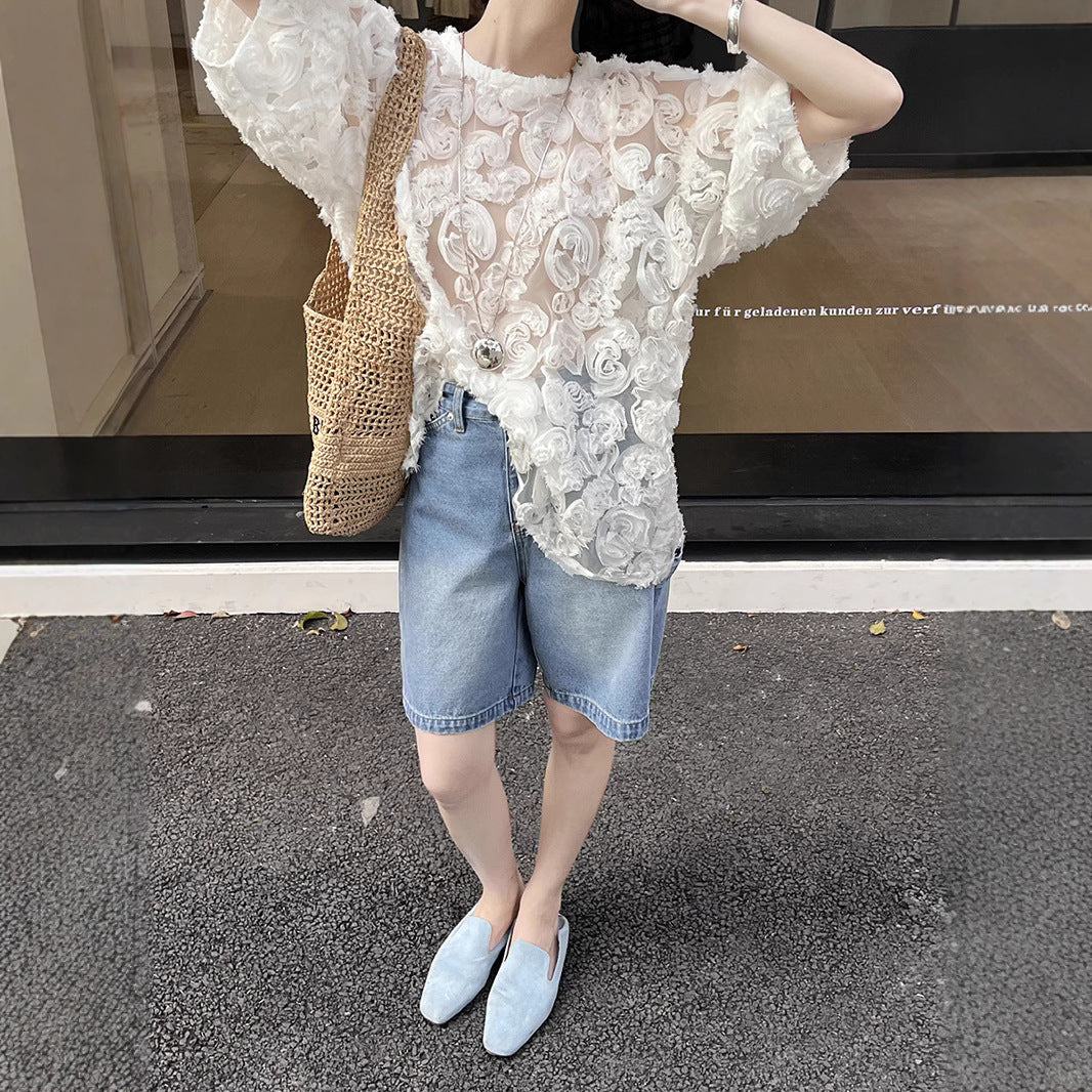 Dame afslappede denim shorts med højt liv og bred skæring Stilla