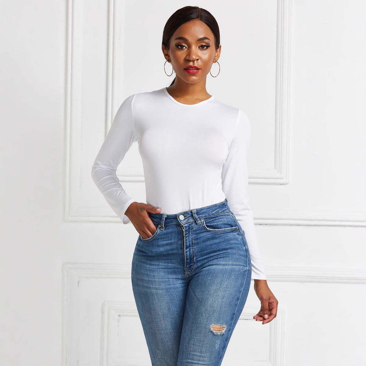 Damer Langærmet Bodysuit med figursyende snit og elegant Rundhalset Stilla