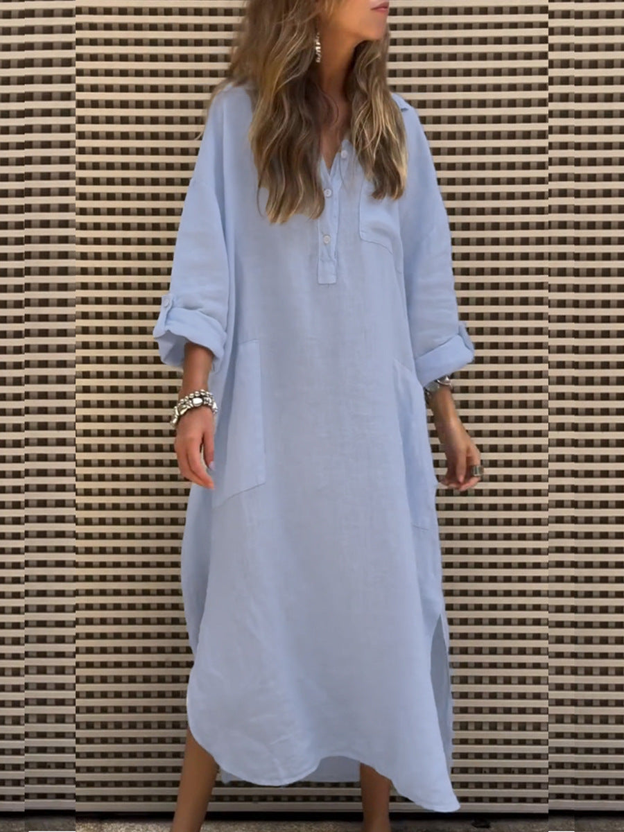 Dame afslappet skjortekjole med sidelommer og opfoldelige ærmer Stilla