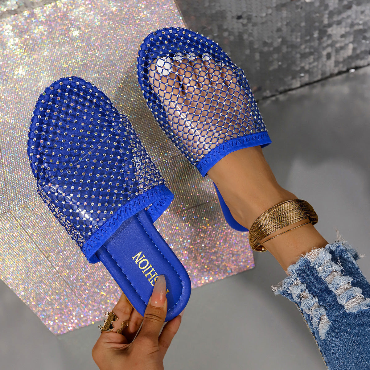 Dame Pantolette med glitrende strassapplikationer og elegant netdesign Stilla