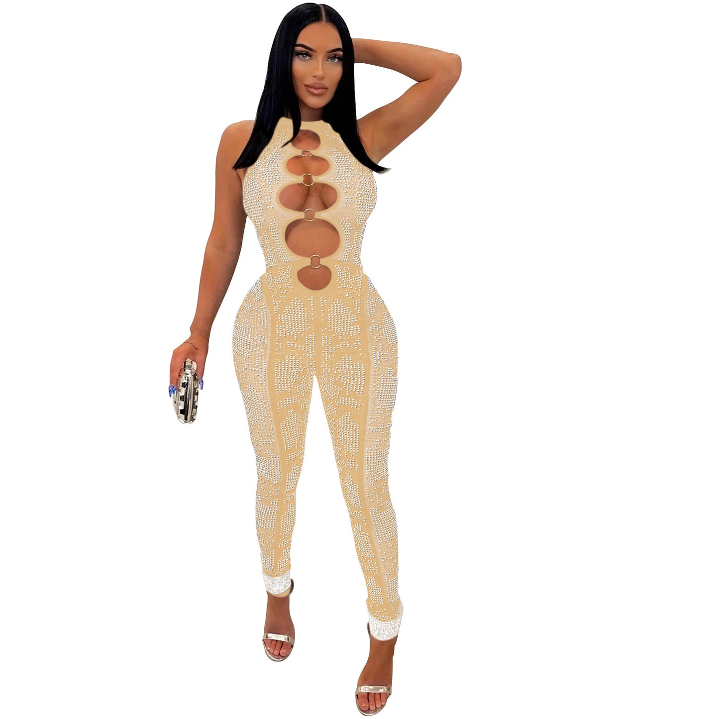 Dame Glamourøs Bodycon Jumpsuit med forførende cut-out-detaljer og glitrende accenter Stilla