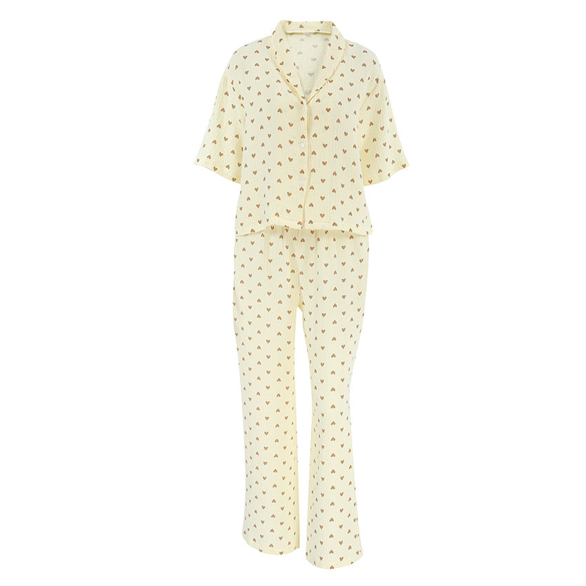 Dame afslappende pyjamasæt med legende hjerte-mønster og elastisk talje Stilla