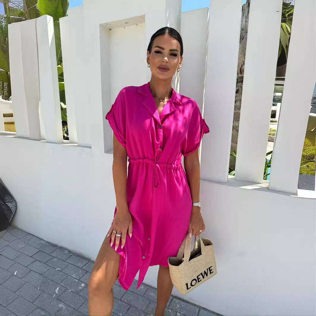 Dame Afslappet Knappeskjorte Kjole med Bindebælte Stilla