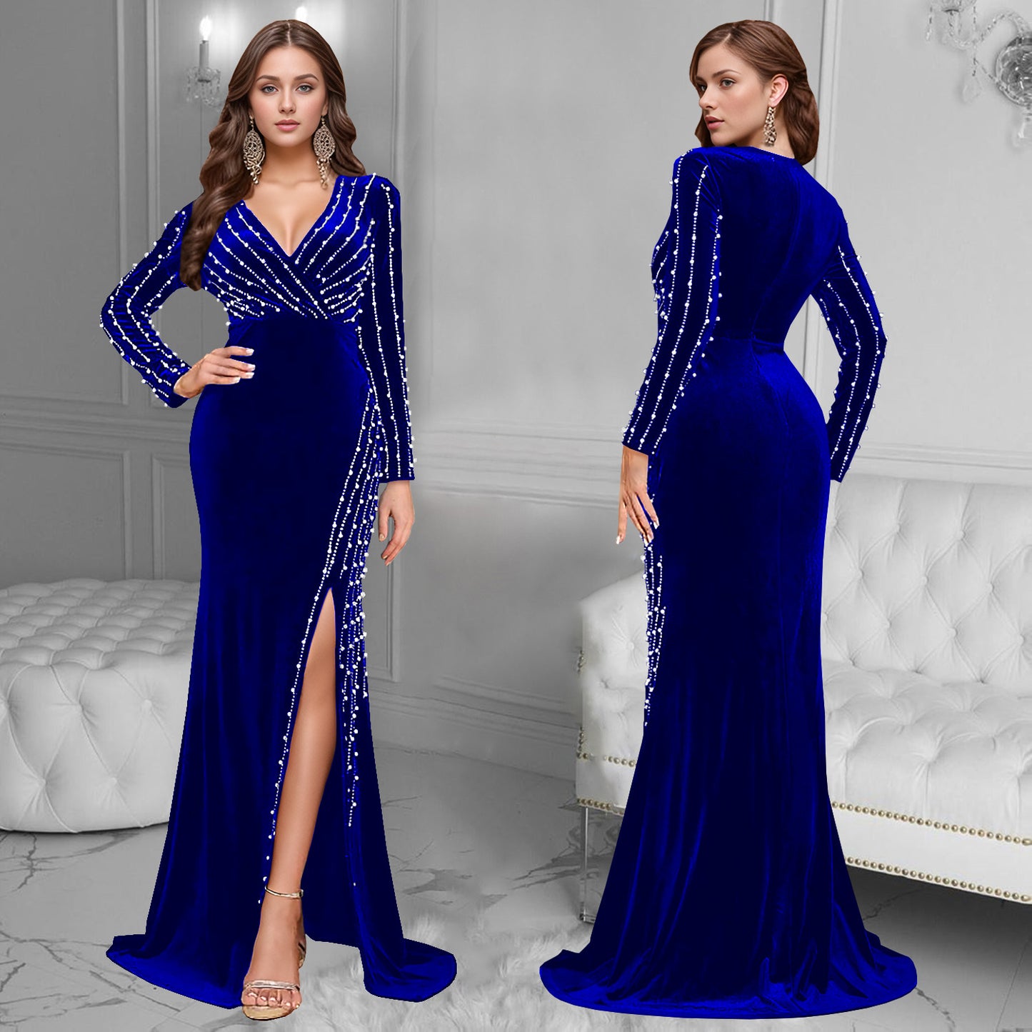 Dame Elegant aftenkjole med dyb V-hals, lange ærmer og luksuriøse rhinestones Stilla