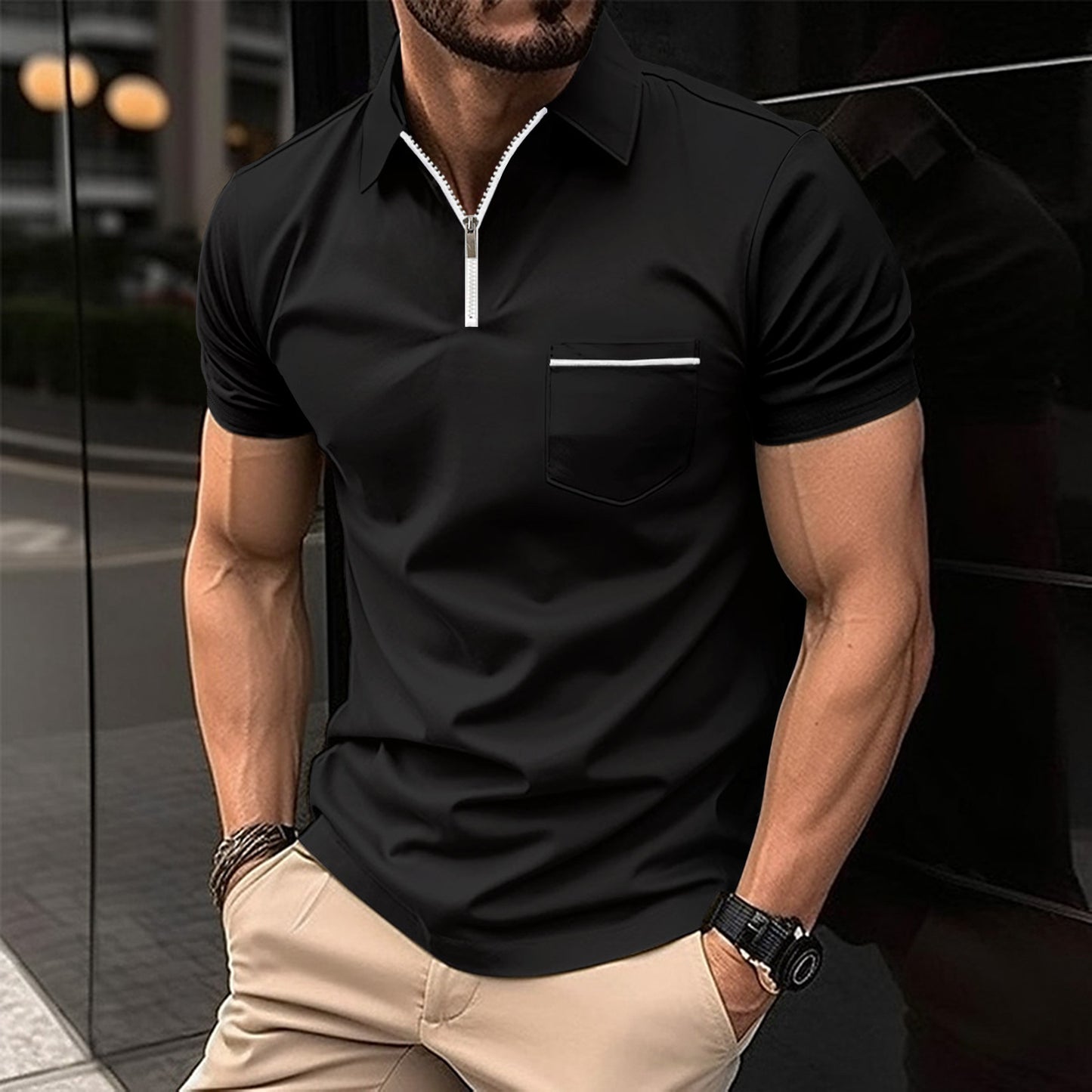Herrer polo shirt med moderne kort lynlås og brystlomme Stilla