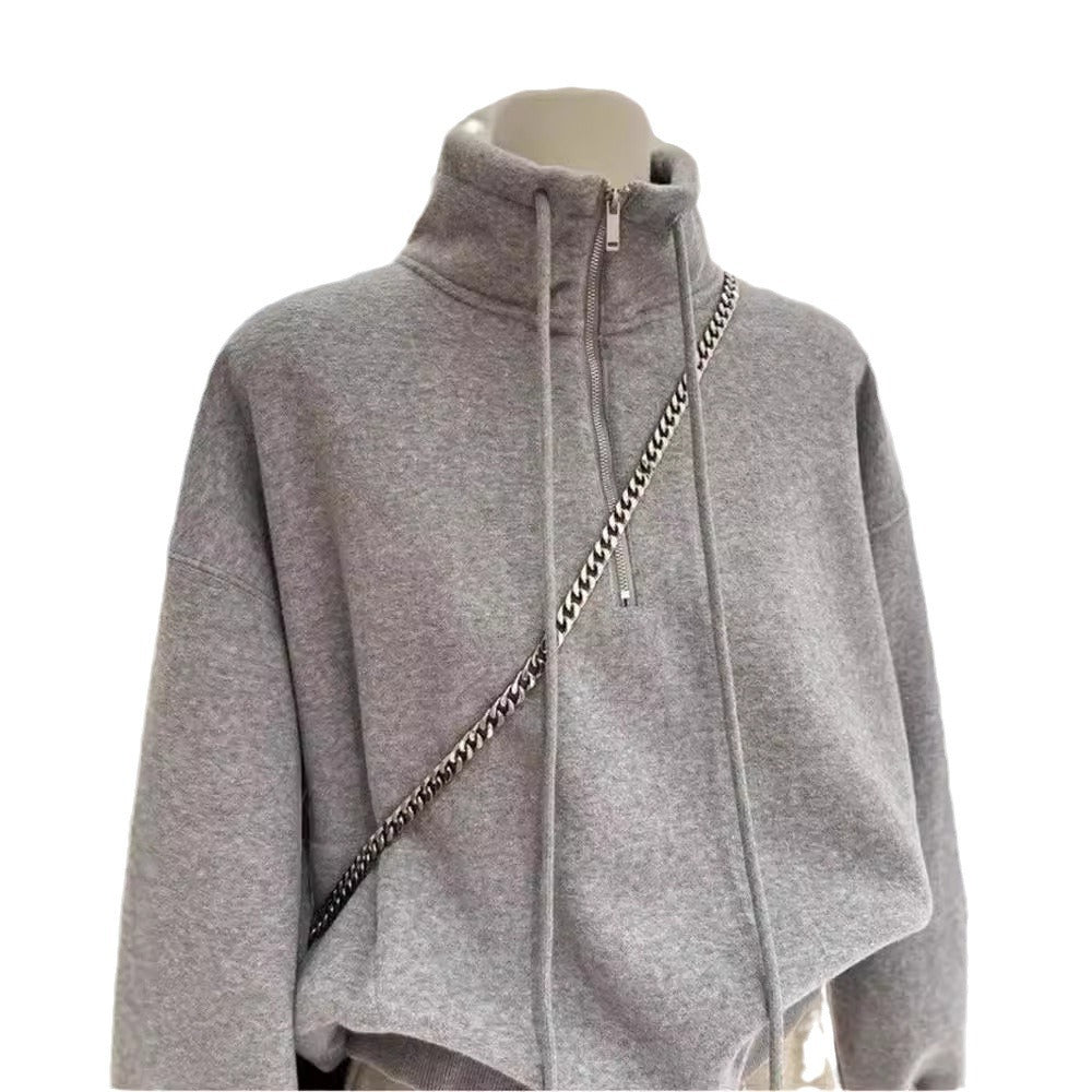Dame Cropped Zip-Up Fleece Hoodie med justerbar snor Stilla
