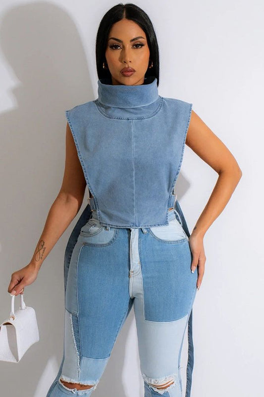 Stilla | Højkrave Ærmeløs Denim Kort Vest