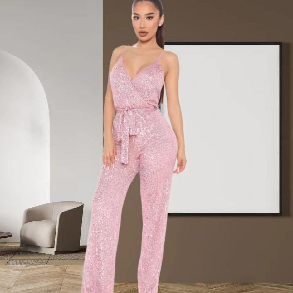 Dame jumpsuit med funkende paletter og dyb V-udskæring Stilla