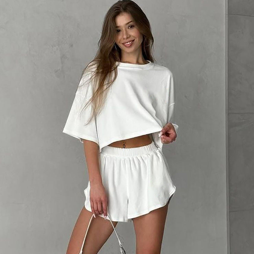 Dame afslappet kortærmet top og shorts sæt med elastisk talje Stilla