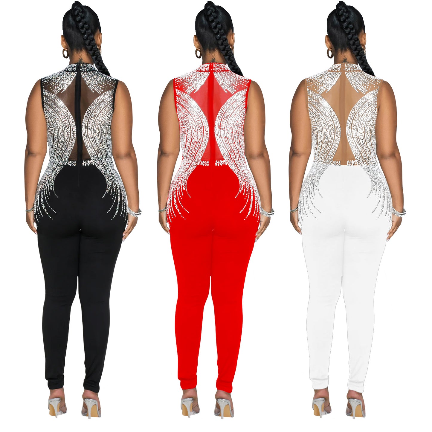 Dame elegant Bodycon jumpsuit med transparente indsatser og strass dekorerede detaljer Stilla