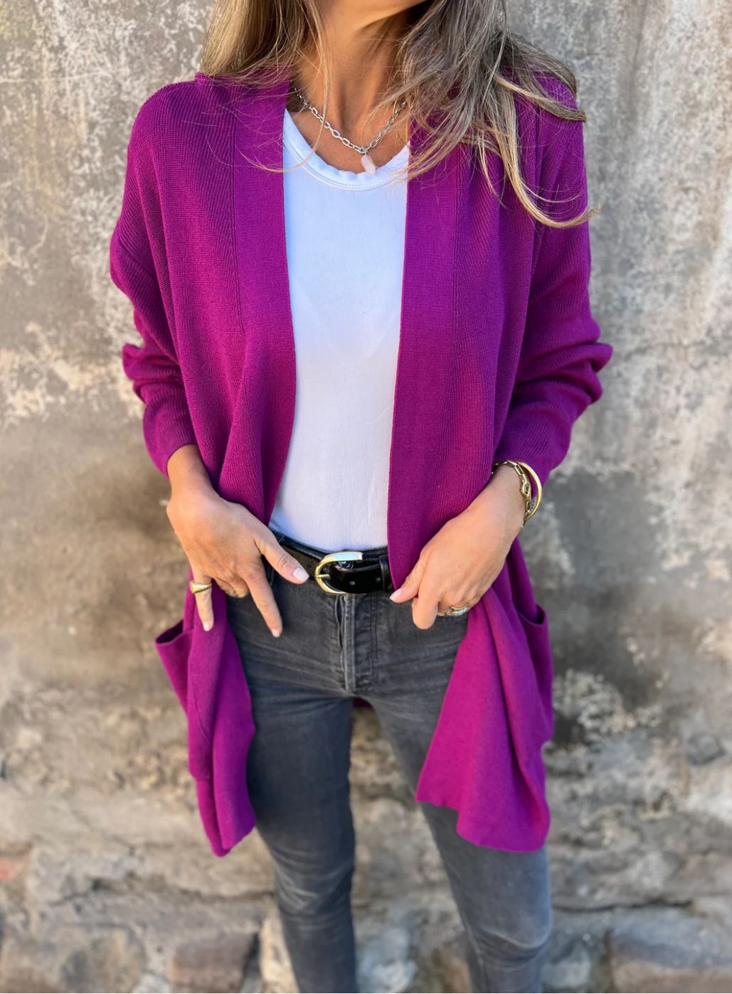 Dame åben front strikjakke med sidelommer Stilla