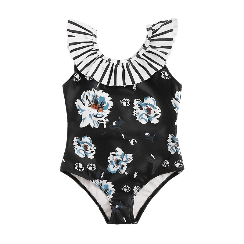 Dame Elegant Én-delt Badedragt med voluminøs Blonder Krave og Floral Design Stilla