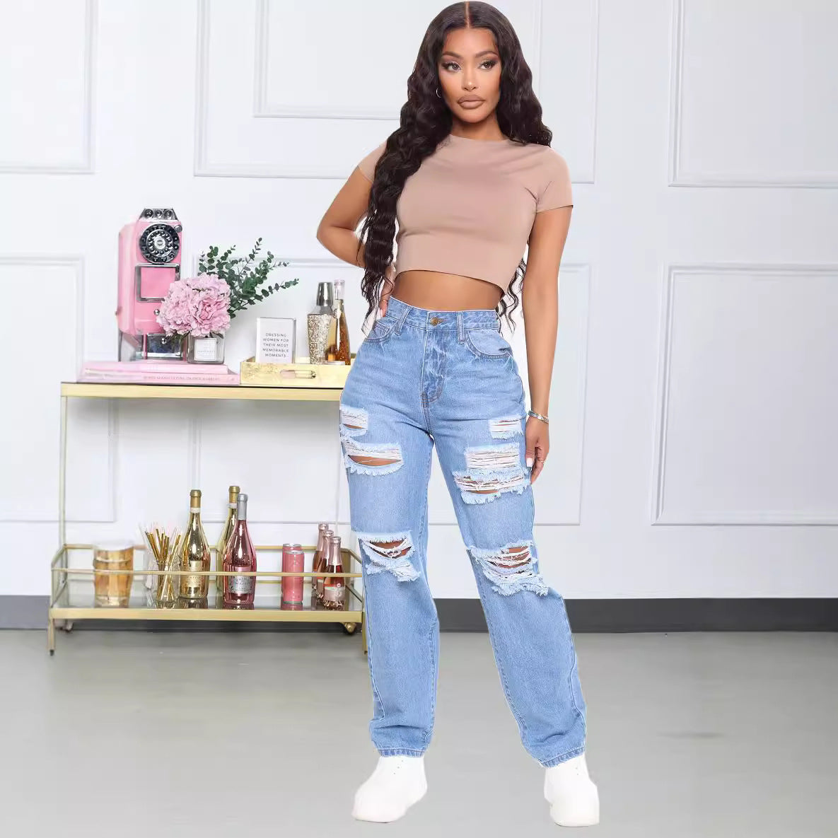 Dame Destroyed Wide Leg Jeans i Vintage-Stil Stilla