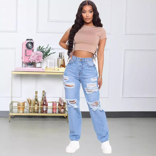 Dame Destroyed Wide Leg Jeans i Vintage-Stil Stilla