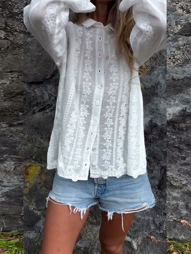 Dame elegant bluse med kunstnerisk spidsudsmykning Stilla