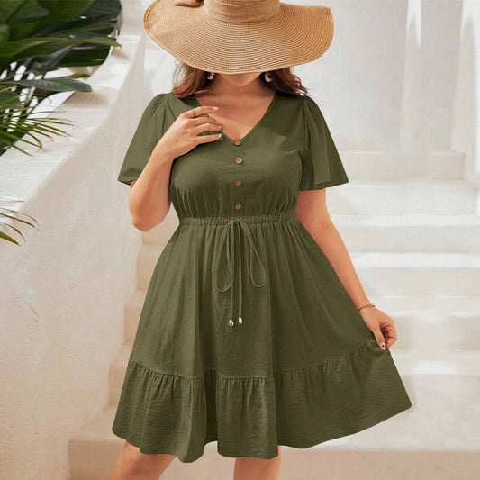 Dame afslappet midi-kjole med knapdybde og rynket nederdel Stilla