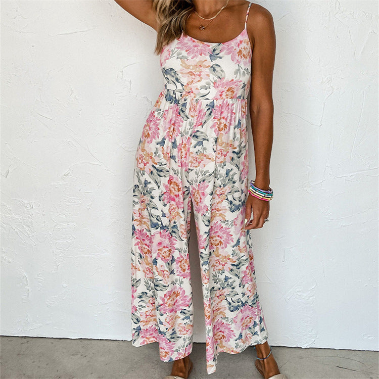 Dame Floral Jumpsuit med brede stropper og elastisk taljebånd Stilla